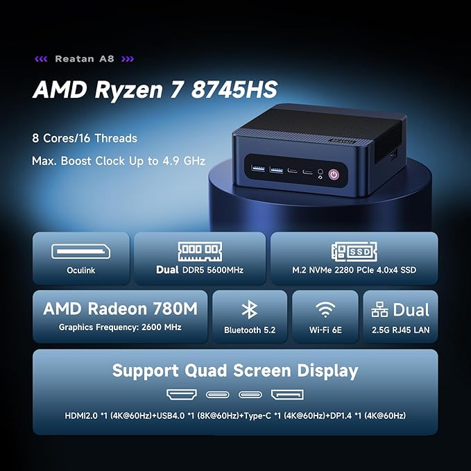 Reatan A8 Mini PC AMD Ryzen 7 8745H 16GB RAM DDR5 1TB SSD 8C/16T，up to 8K Quad-Screen Displays, WiFi 6E, OCuLink Mini Gaming Computers Home Theater Office Business