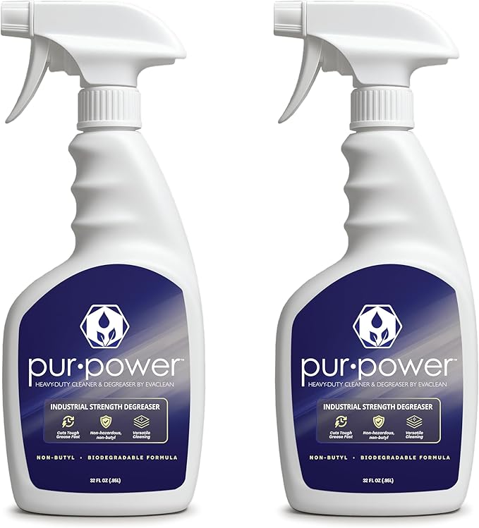 EvaClean PurPower Cleaner and Degreaser â Ready to Use, 2-Pack Spray Bottles 32 FL Oz. Each, Heavy Duty, Non-Butyl Formula, Grease, Oil, Grime Remover for Kitchen, Garage, Engine, Concrete