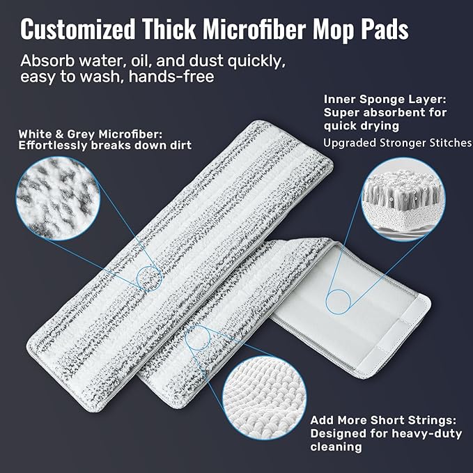 Mop and Bucket Set with Wringer, 3-Tank Flat Mop and Bucket System, Wall Mop Cleaner with Long Handle, Hands Free Mops for Floor Cleaning with 4 Microfiber Pads