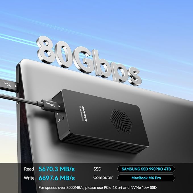 ANYOYO 80Gbps M.2 NVMe SSD Enclosure with Cooling Fan, Aluminium Alloy Enclosure Compatible with Thunderbolt 5/4/3/USB4, Support M/B+M Key SSD, Tool-Free Installation
