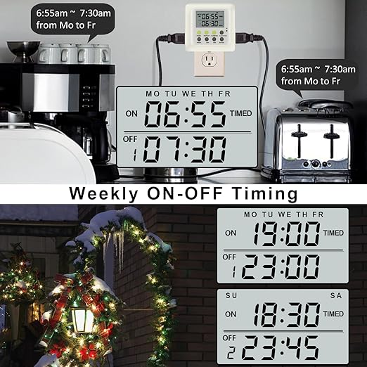 NOVKIT 3-in-1 Dual Outlet Timer Plug with Interval Cycle for Indoor, 7 Day 24 Hour Programmable Digital Repeat Timer Switch(15A, 1875W)