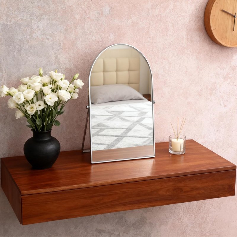 Adjustable Silver Metal Mirror - Vanity Table Desk Arch Makeup Mirror | 90° Rotatable Framed Design for Living Room, Bedroom, Bathroom