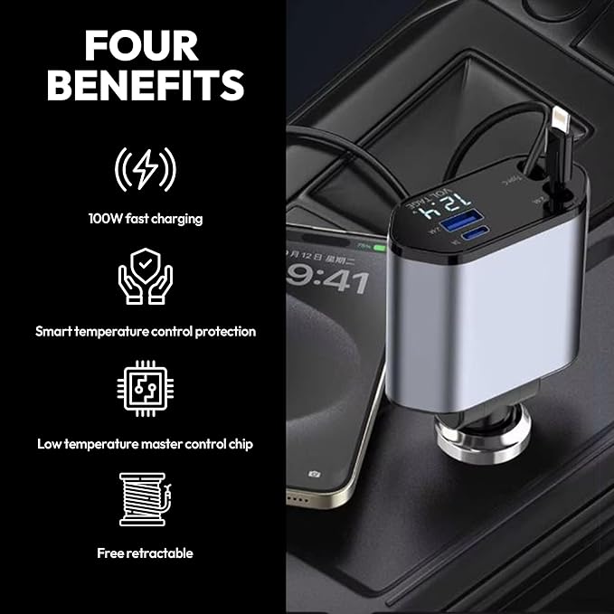 JPHASIC 120W Retractable Car Charger 4-in-1 USB-C & Lightning Cable – Fast Charging Adapter for iPhone 16/15/14, Samsung, Android | USB Type-C Port + LED Voltage Display | Multi-Device Car Charger