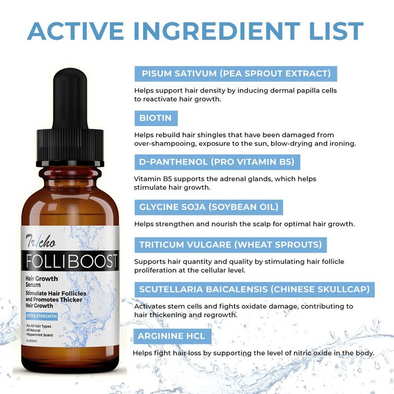Tricho Labs Folliboost Hair Growth Serum - Natural-Based Formula w/Biotin & Peppermint Oil - Hair Care for Thicker & Fuller Hair - 2oz