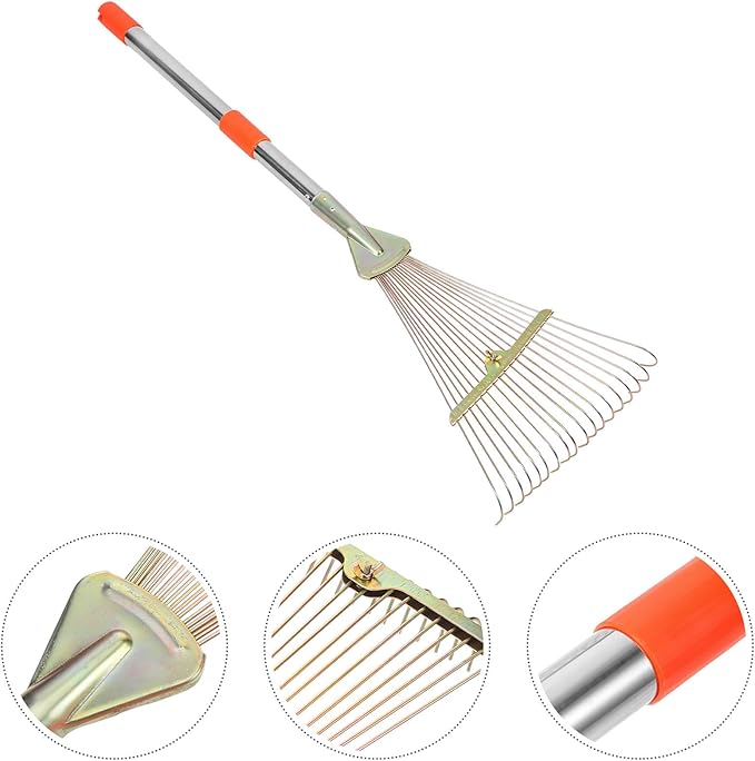 18-Tine Retractable Garden Rake with Stainless Steel Handle for Lawn and Leaf Cleaning, 80cm Telescopic Grass Rake Suitable for Flower Farming and Shrub Maintenance