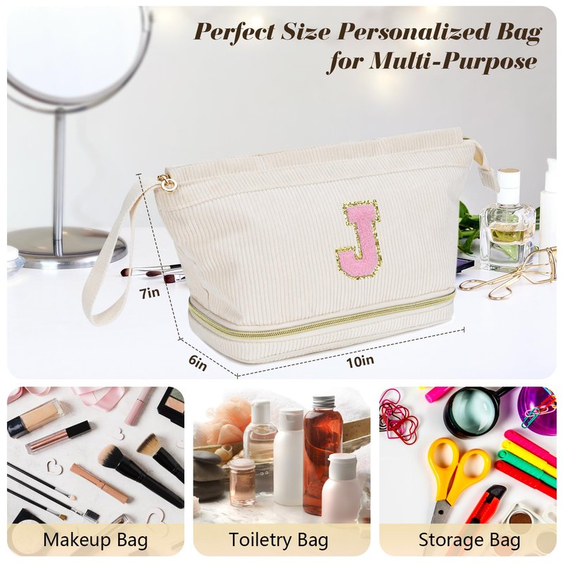 Makeup Bag for Girls Gift, Personalized Valentines Day Gifts Initial Women Makeup Bag for Travel, Double Layer Cosmetic Bag with Brush Organizer Preppy Make up Bag for Teen Girl Trendy - M