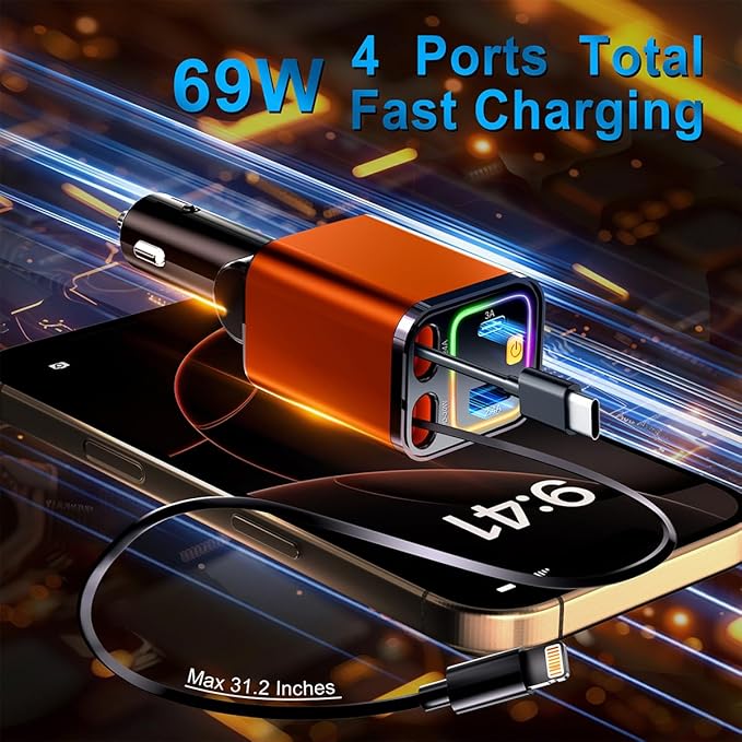 4 in 1 Retractable Car Charger,69W USB-C Fast Car Charger, for iPhone 17/16/15/14/13/12/11, Android,Pixel,Cigarette Lighter Charger (for Apple+Type C &RGB[Orange])