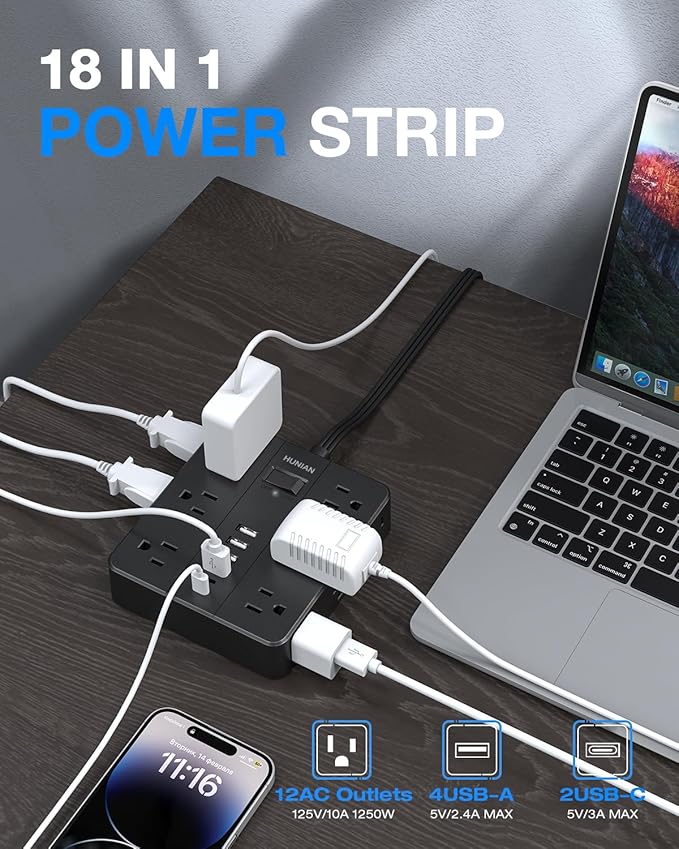 Flat Plug Power Strip, HUNIAN 12 Widely Spaced Outlets with 6 USB Charger (2 USB C Ports), 10 Ft Extension Cord Desk Charging Station for Home Office Supplies, Dorm Room, Black