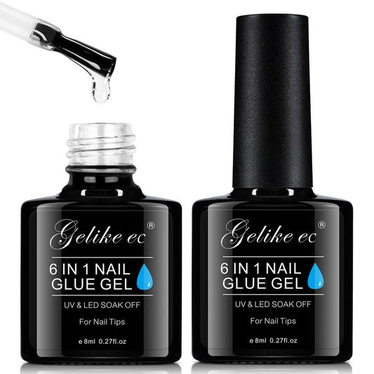Gelike EC 6 in 1 Nail Glue Gel: 2 Pcs Gel Nail Polish for Press on Nails - Nail Glue Strong Easy and Long Last for False Acrylic Tip - Base Coat for Salon Home Polish