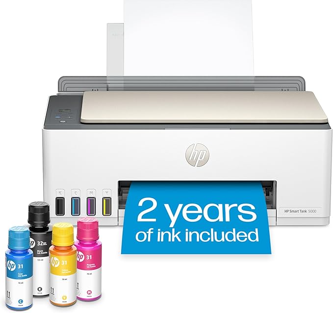 HP Smart Tank 5000 Wireless All-in-One Ink Tank Printer, Scanner, Copier with 2 Years of Ink Included, Best-for-Home, Cartridge-Free, Refillable and AI-Enabled. (5D1B6A)