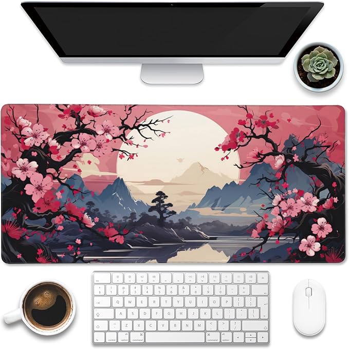Eflxamz Desk Pad,Pink Cherry Blossom Tree Desk Mat,Mountains and Sun Large Gaming Mouse Pad for Desk,Extended Big Computer Keyboard Mouse Pad with Non-Slip Base and Stitched Edge,35.4"x15.7"