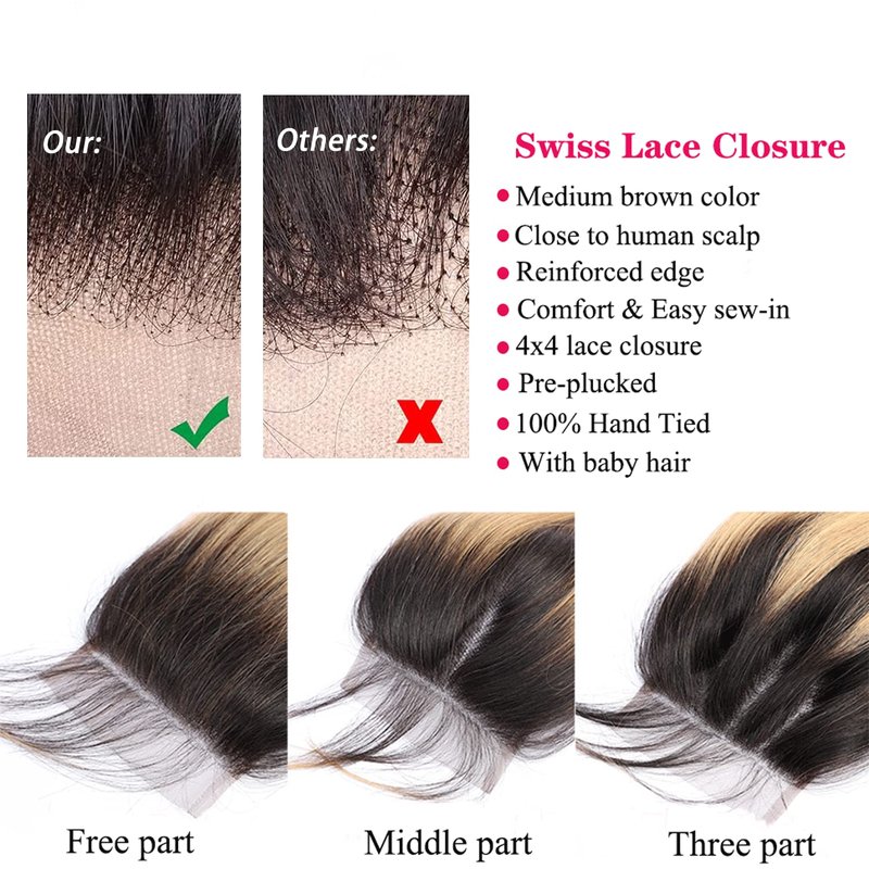 4x4 Lace Closure - 1B27 Ombre Body Wave Brazilian Human Hair Extensions | Pre-Plucked, Bleached Knots, 16 Inch