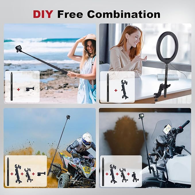 Mechrig Motorcycle Ebike Mount kit for Insta360 X5, Bike & Golf Car Handlebar Clamp Mount and 59" Invisible Selfie Stick Bundle Kit, Super Clamp, Action Camera Adapter for GO2/3/3S/DJl, JC027