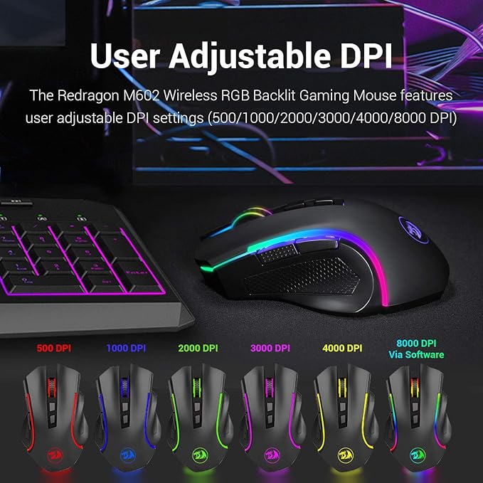 Redragon M602 Griffin RGB Gaming Mouse, Tri-Mode 2.4G/USB-C/Bluetooth Mouse Gaming, RGB Spectrum Backlit Ergonomic Mouse with 7 Programmable Backlight Modes up to 8000 DPI for Win PC Gamers (Wireless)
