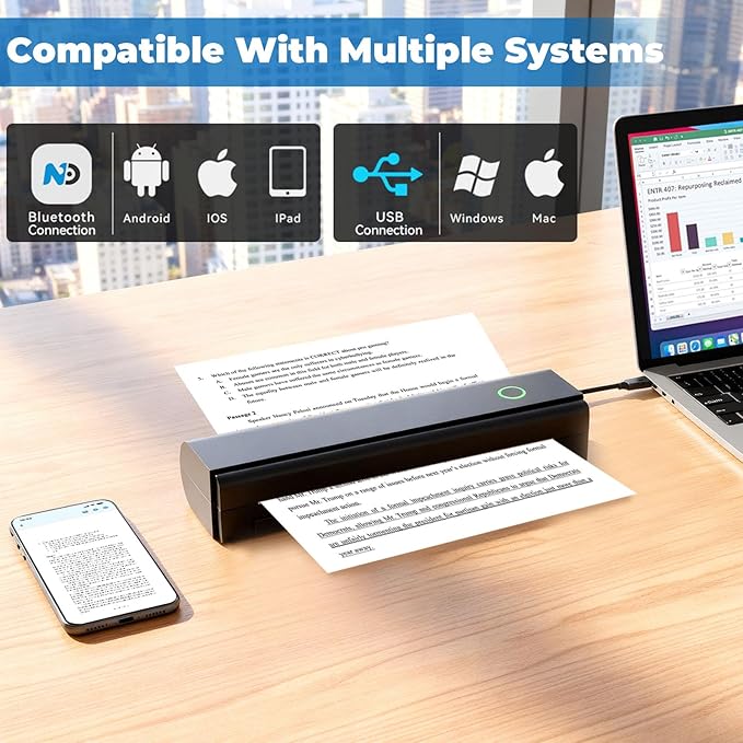 Anycash Portable Printer Wireless for Travel, Inkless Printers Mobile Thermal Printer for 8.5" X 11" & A4 Thermal Paper, Bluetooth Compact Impresora Portátil for Phone, Laptop, Office Home use