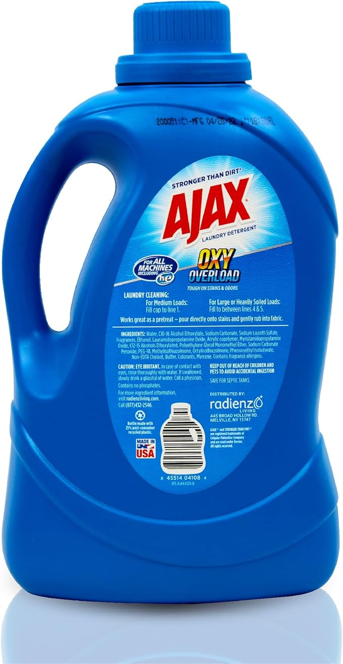 Ajax Oxy Overload Liquid Laundry Detergent, 134oz (Pack of 4) â Totally Awesome Cleaner with Deep Cleaning, Stain & Odor Removing power, HE Compatible, 178 Loads, Fresh Burst Scent