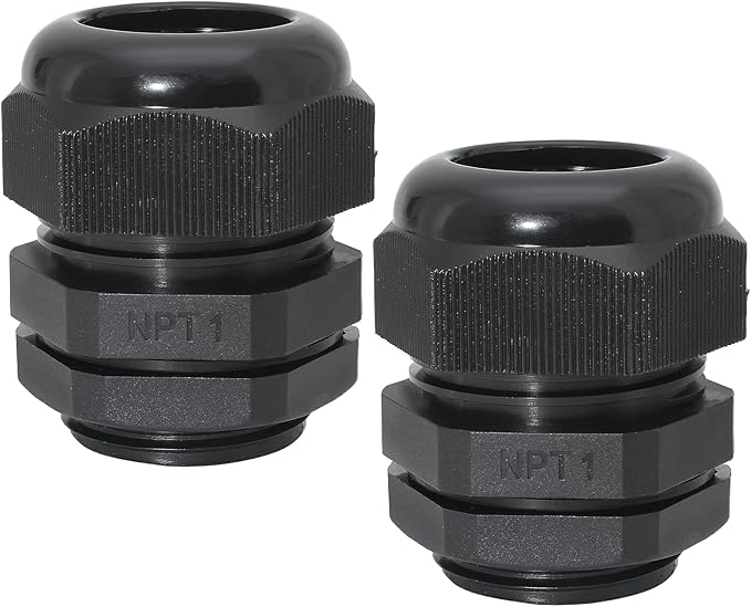 Bonsicoky 1" NPT Nylon Cable Glands, IP68 Waterproof Adjustable Cord Grip Cable Connector Strain Relief Wire Protectors for 18-25mm Cable Diameter, 2 Pcs, Black