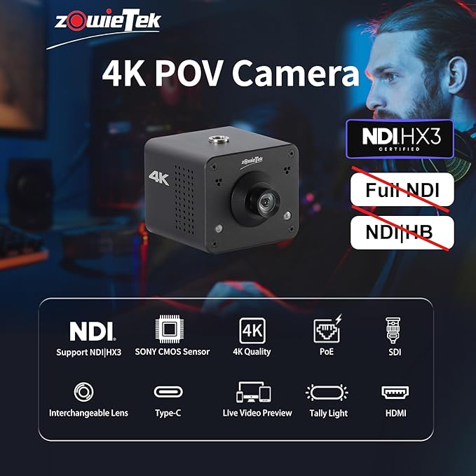 zowietek 4K Native NDI|HX3 POV Box Camera PoE, ZowieCAM, SDI & HDMI & UVC Output, Standalone RTSP/RTMP(s)/SRT Live Streaming, Ultra-Compact, Interchangeable Lens, PC/Mobile Phone/Tablet Control (M12)