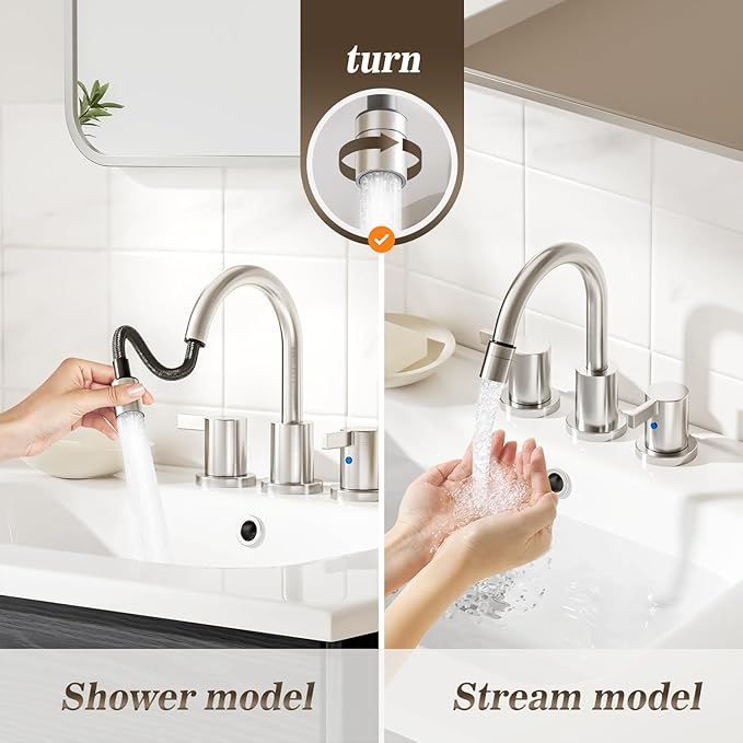 Phiestina Pull Down Sprayer Brushed Nickel Widespread Bathroom Sink Faucet, 8 Inch 2 Handles 3 Hole Pull Out Bathroom Faucet,with Pop Up Drain and Water Supply Line,BF04022-K01-GBN