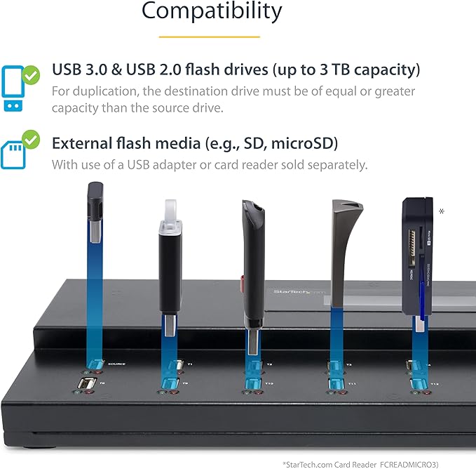 StarTech.com Standalone 1 to 15 USB Flash Drive Duplicator/Cloner/Eraser, Multiple USB Thumb Drive Copier / Sanitizer, System File / Sector-by-Sector Copy, 1.5 GB/min, 3-Pass Erase, LCD, TAA