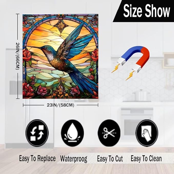 Hummingbird Magnetic Dishwasher Cover, Stained Glass Window Design, 23" x 26" Vinyl Decal for Dishwasher, Refrigerator, Oven, Stove, Easy to Install and Remove