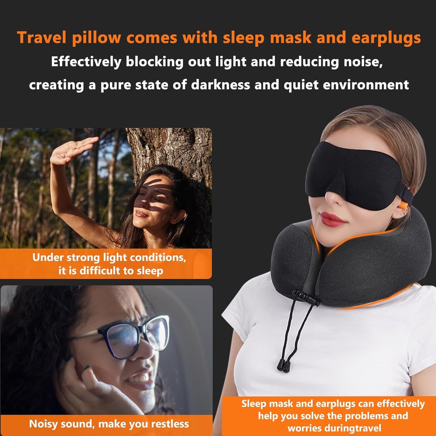 MLVOC Travel Neck Pillow - Upgraded 100% Pure Memory Foam for Airplane Comfort | Includes 3D Eye Mask & Earplugs, Black