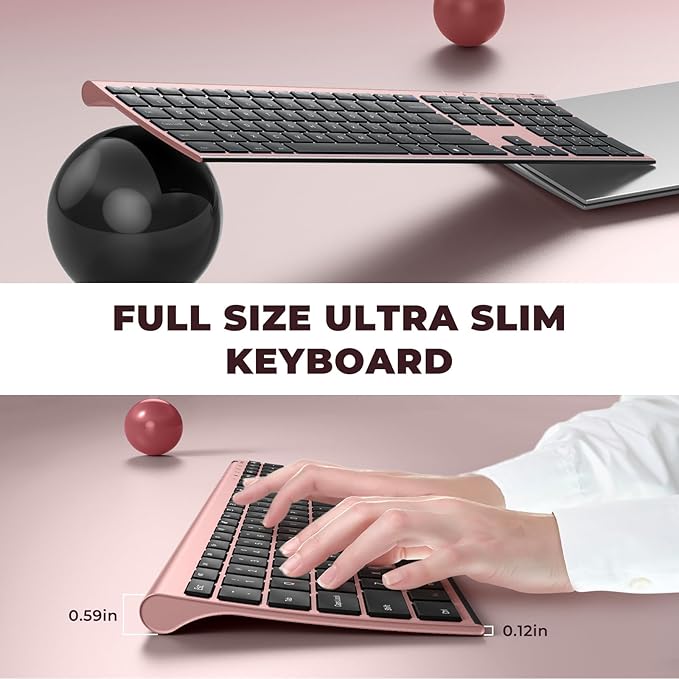 Wireless Keyboard Mouse, Vssoplor Silent Full-Size Rechargeable Combo Set Slim Design for PC, Laptop, Desktop-Black and Rose Gold