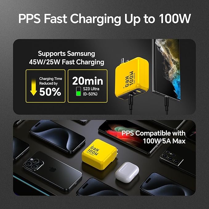 AOHI Youth 100W GaN USB C Wall Charger, 3-Port Laptop Fast Charger Type C Power Adapter PPS PD for MacBook Pro/Air, iPad Pro, iPhone 17/16 Pro Max, Galaxy S24 Ultra/Note, Pixel, Steam Deck, Yellow