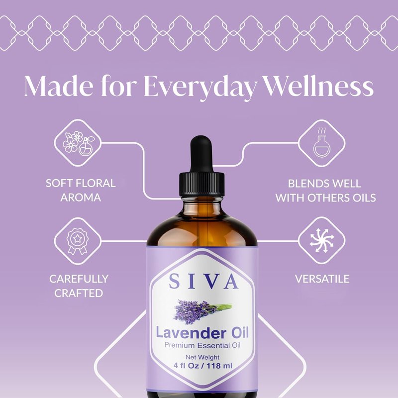 Siva Lavender Essential Oil 4 Fl Oz – for Diffuser, Skin & Hair Care – Ideal for Aromatherapy, Massage & DIY Blends – with Dropper