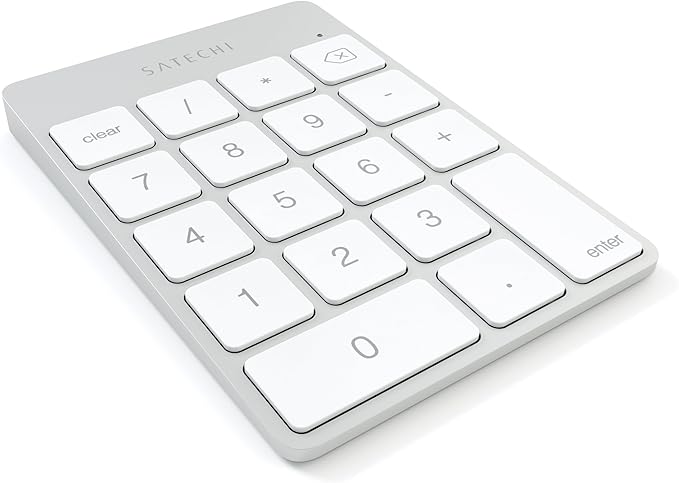 Satechi Slim Aluminum Bluetooth Keypad, Wireless Number Pad with 18 Keys, Micro USB Rechargeable Numpad, External Number Pad for MacBook Air/Pro/Neo, iPad Air/Pro, iMac, PC - Silver