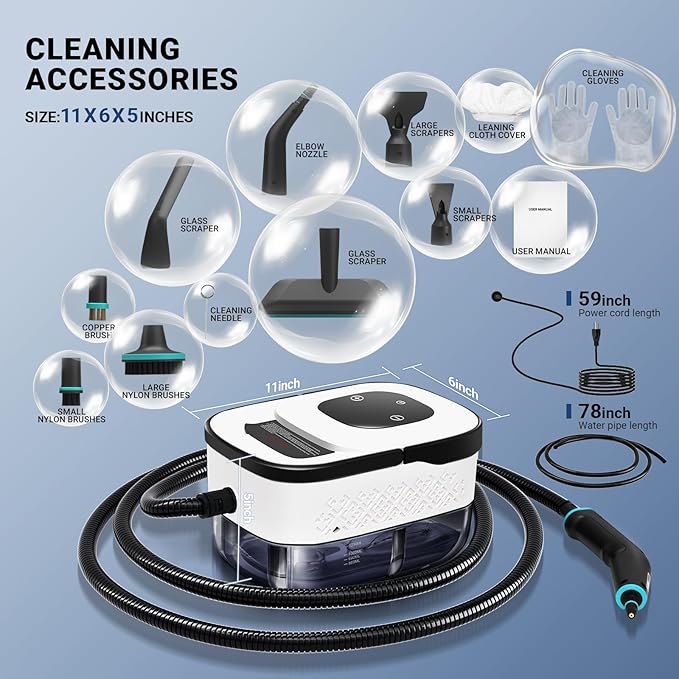 Heapsion Steam Cleaner, Steamer for Cleaning with 15s Heat-Up, 6 Adjustable Levels, Large 1.32 Quarts Tank, Pressurized Handheld Steam Cleaner for Home, Dirt, Grease, Grout, Tile,Floor, Car, 12 pcs