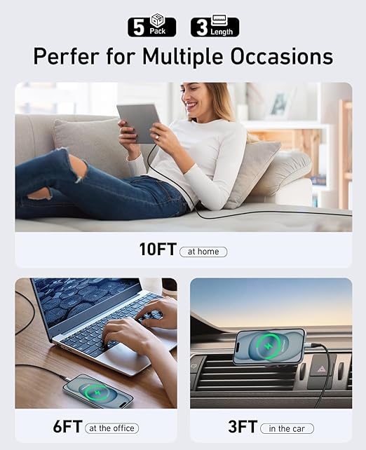 USB Cable Type C Fast Charging Cable, 5 Pack[3/6/6/10/10FT] Braided C Charger Cable Compatible with iPhone 17/16/15, Samsung Galaxy S10 S9 S8 Plus, Note 10 9 8, LG V50 V40 G8 G7