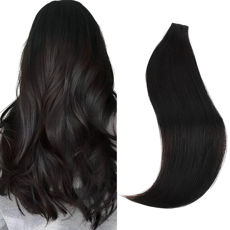 Sixstarhair Semi-Permanent Pre-taped Tape In Hair Extensions Traceable Remy Human Hair New Trend Invisible, Seamless and Reusable, Off Black Tape In Hair [Color 1B#-16inch]