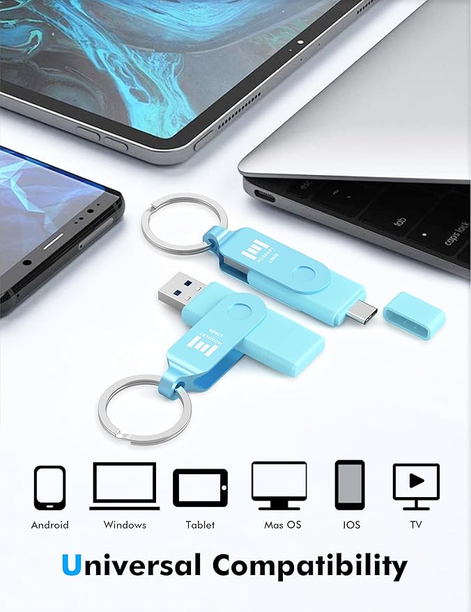 MOSDART 128GB USB C 3.2 Fast Speed C and A Dual Flash Drive, exFAT Memory Stick with Keychain and LED Indicator, for iPhone 15,16,17, Android Phone, iPad, MacBook, and Other Laptops, Sky Blue