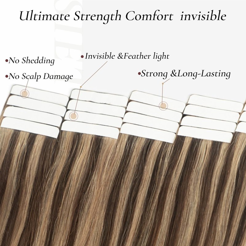 Hyssiet Tape in Hair Extensions Human Hair, 20pcs 50g 14 Inch Tape in Hair Extensions,Chocolate Brown Highlighted Caramel Blonde,Invisible Remy Soft Natural Thick Real Human Hair Extensions