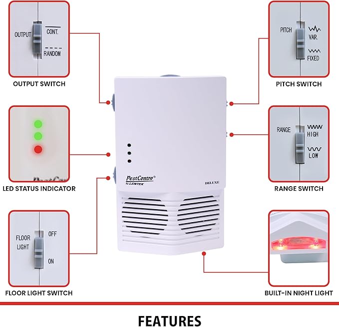 PestContro Deluxe Ultrasonic Rodent Repeller with Light, Bi-Directional Speakers, Direct Plug-in Non-Lethal Pest Control for Mice Rats Squirrels Chipmunks Kitchen Office Garage Basement Shed Attic