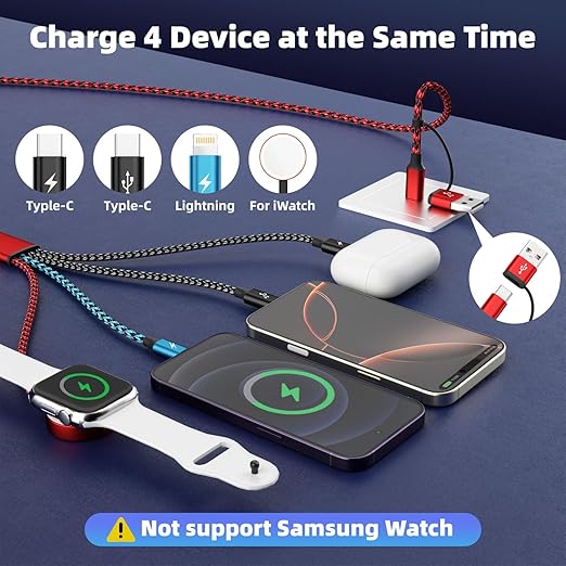 Travel Essentials Dual Type-C Port 4 in 2 Multi Charging Cable for iWatch Charger/iPhone 17/IP, Cruise Vacation Camping Essentials 2026 for iWatch 11-2/Ultra,iPhone 17-8, GalaxyS26-S21,Car -2Pack,5FT
