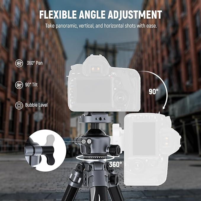 NEEWER LITETRIP LT07 61" Aluminum Travel Tripod for Camera w Pan Tilt Low Profile Ball Head, Arca QR Plate Compatible with PD Tripod Plate, Dual Center Axis, Phone Holder, Max Load 22lb