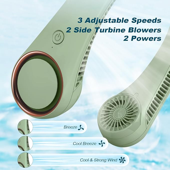 CIVPOWER Neck Fan: Portable Personal Neck Cooling Rechargeable Bladeless Fan - Hands Free 3 Speed 4000 mAh Battery USB Operated Wearable Headphone Design - Gift for Men Women Outdoor (Light Green)