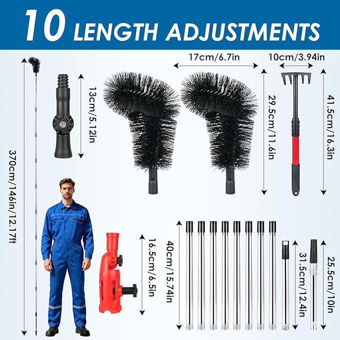 Gutter Cleaning Tools from The Ground, Adjustable Gutter Cleaning Pole with 180Â° Pivoting Head, Gutter Rake & 2 Gutter Brush, Gutter Cleaner Tool for Removing Leaves, Debris & Spider Webs (Black)