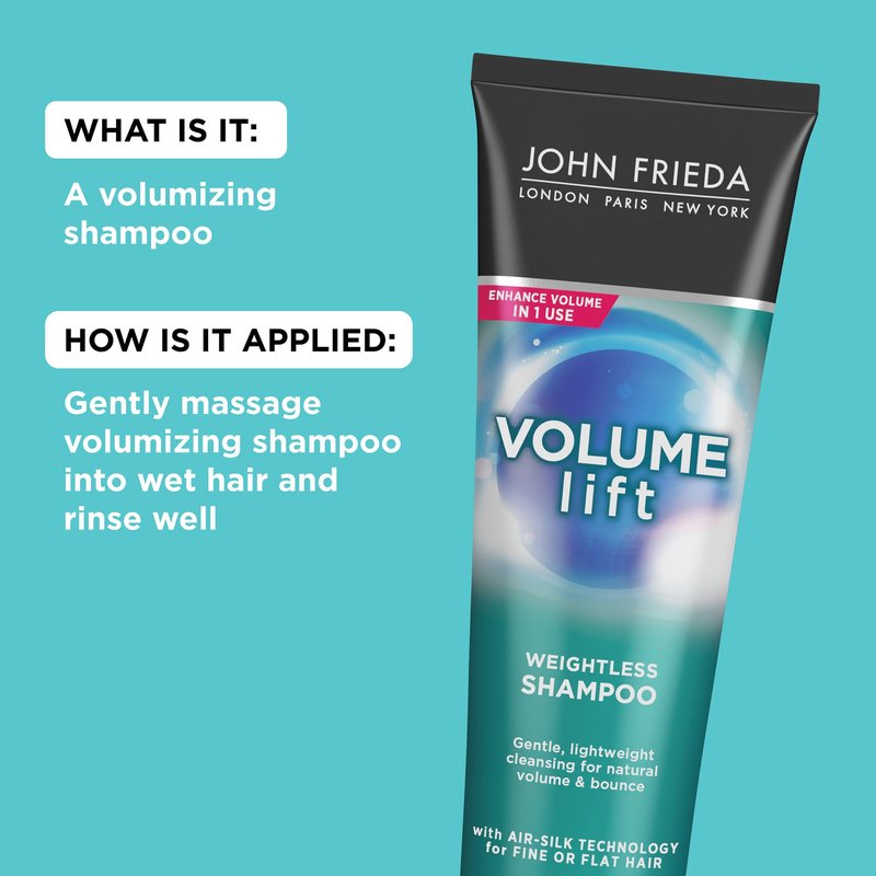 John Frieda Volume Lift Weightless Shampoo, Lightweight Volumizing Shampoo with Air-Silk Technology for Fine or Flat Hair, Adds Natural Fullness, Safe for Color-Treated Hair, 8.45 Oz