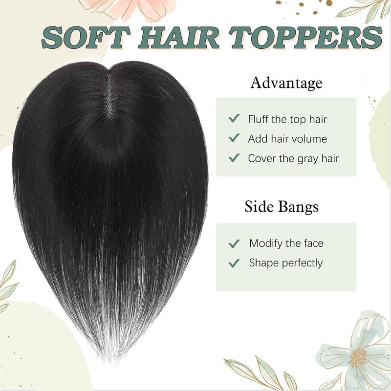 Black Hair Toppers for Women - Real Human Hair 3D Design | No Bangs, 10 Inch for Thinning Hair