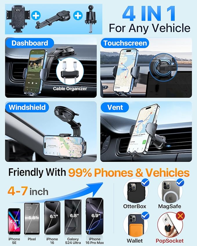 HTU Upgraded Strongest Suction Car Phone Holder Bendable Arm, Never Block View Rotatable Cellphone Mount for Dashboard Windshield Vent, Cradle Stand for iPhone 17 16 15 14 13 12 Pro Max (Black)