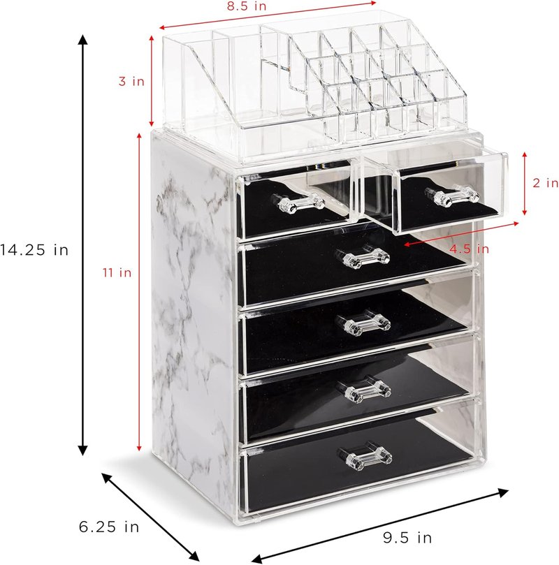 Acrylic Makeup Organizer Set - 6-Drawer Vanity & Countertop Storage | Marble Print for Brushes & Jewelry
