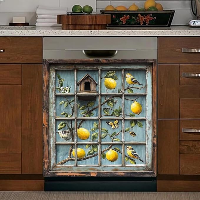 Rustic Kitchen Decor Dishwasher Magnet Cover Decal, Lemon Bird Birdhouse, Magnetic Dish Washer Panel Door Vinyl Sticker, Refrigerator Magnets,Easy to Clean, 23 x 26 inch