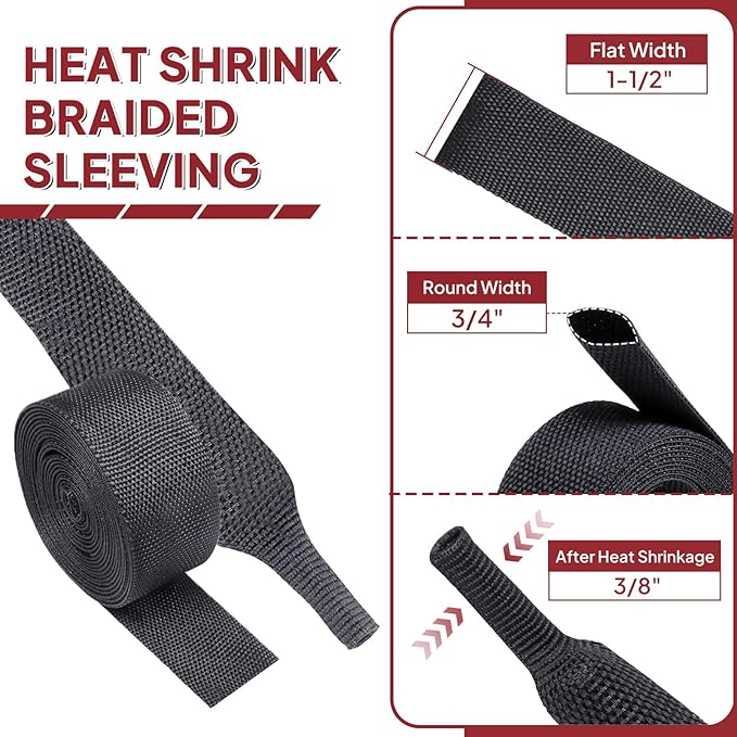 BuyUneed Heat Shrinkable Braided Sleeving 2:1 Ratio- Abrasion Protection Flexibility Wiring Harness Cable Sheath (3/4" ID, 16ft)
