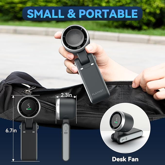 PlayHot Portable Handheld Turbo Fan, 5 Gear Wind, USB-C Rechargeable Fan, Up to 12 Working Hours, 3 IN 1 Hand Fans with Air Turbo Tech Cooling Fan for Outdoor Activities, Travel, Beach (Black)