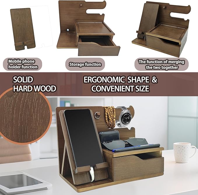 UUyuality 3-in-1 Wood Phone Docking Station Organizer with Drawer & Hidden Charging Hole for Phone, Keys, Glasses & Accessories, for Men (WALNUT, 01)