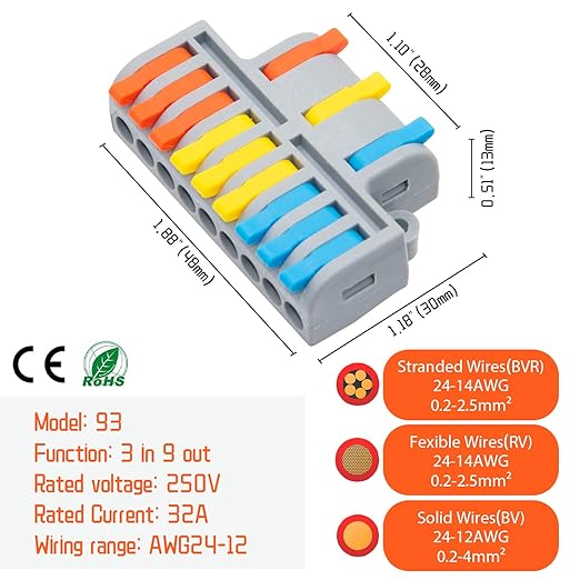 XALXMAW 5Pcs Lever Wire Connectors, 3 in 9 Out Quick Wiring Cable Electrical Connector Compact Push-in Conductor Terminal Block for 24-12 AWG