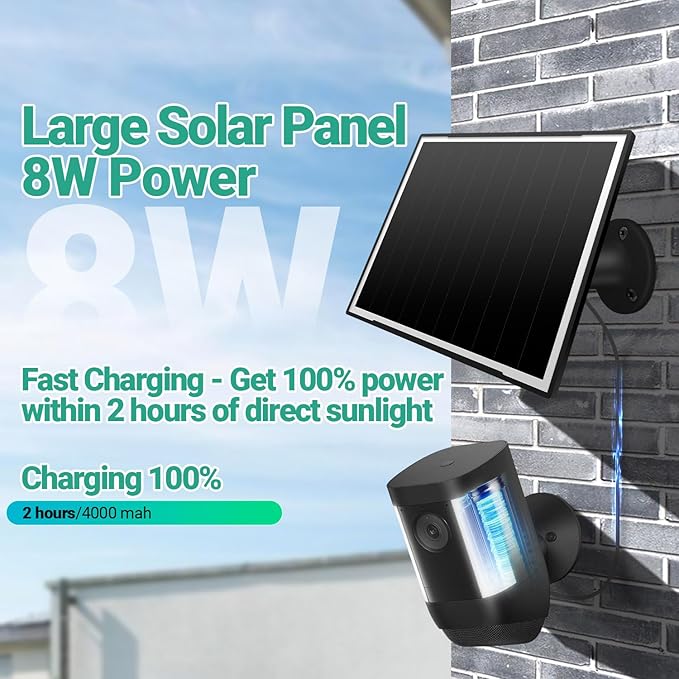 Solar Panel for Ring Camera/Wyze Cameras, 8W Solar Charger Compatible with Stick Up Cam Pro/Plus & Spotlight Cam (Battery) Plus/Pro - Waterproof, 16ft Long Cable, DC3.5mm & USB C Ports, Black